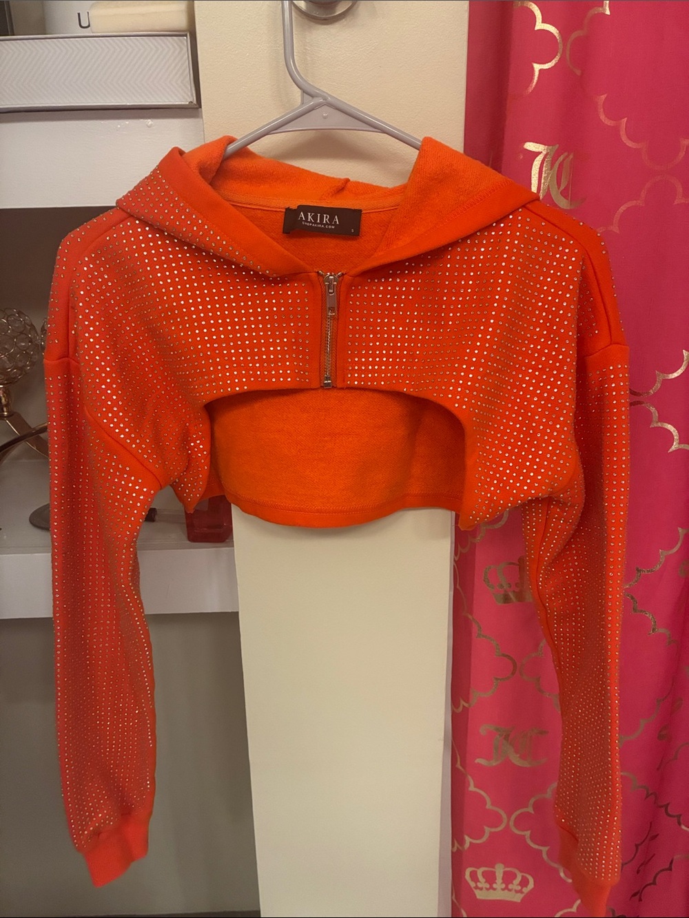 AKIRA Orange Cropped Rhinestone Hoodie